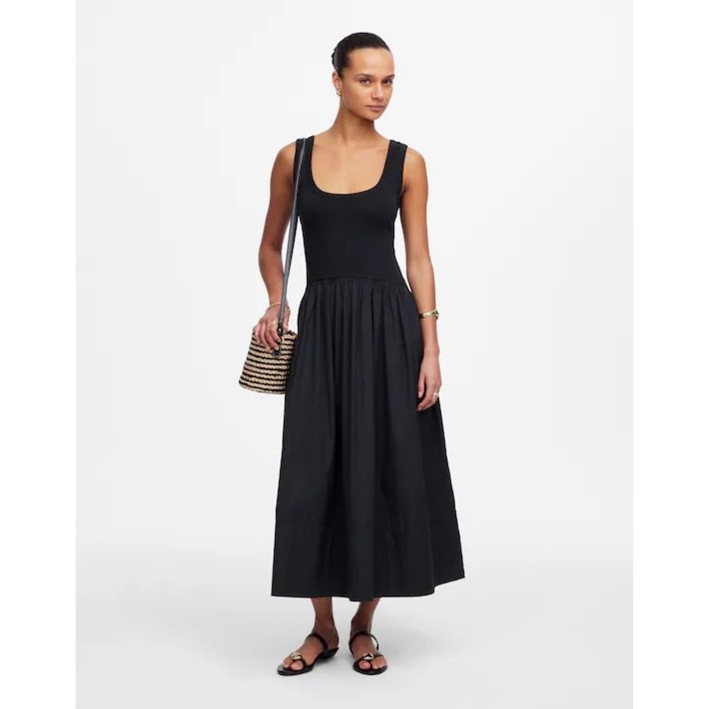 Madewell Jet Black Mixed Poplin Scoopneck Maxi Dress XXS NWT